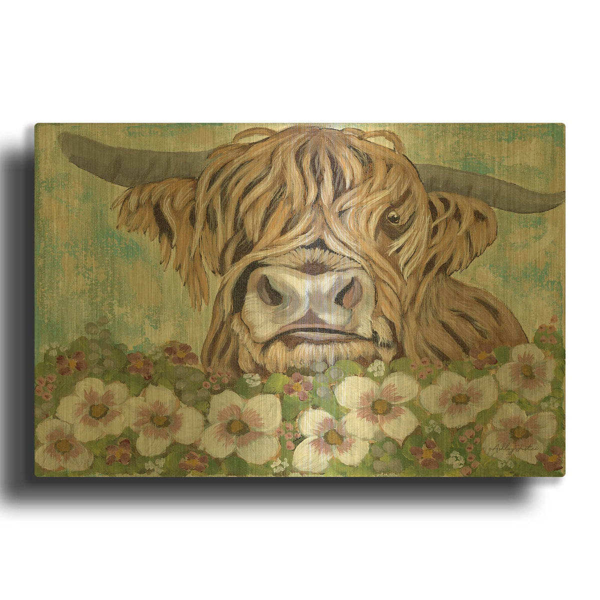 'Floral Highland Cow' By Ashley Justice Gold Metal Wall Art