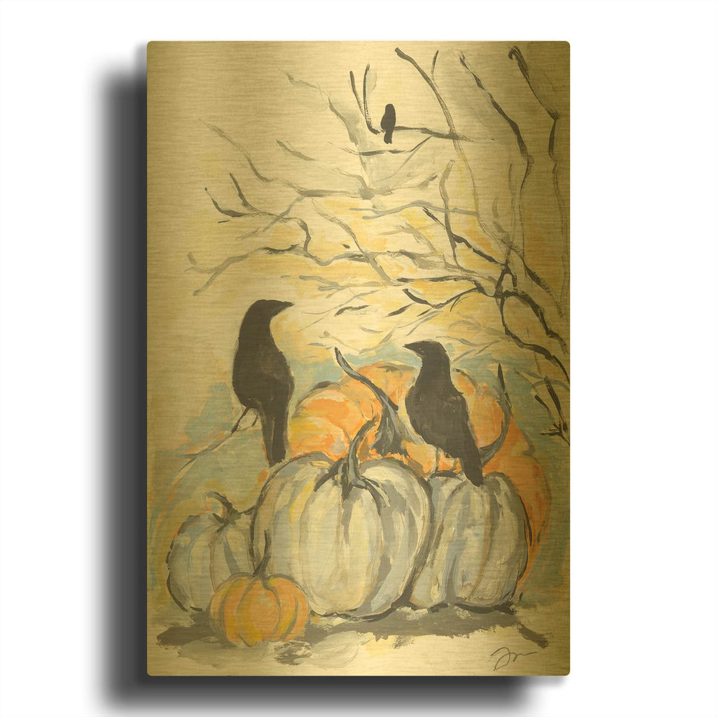 'Crows in the Pumpkin Patch' By Jessica Mingo Gold Metal Wall Art