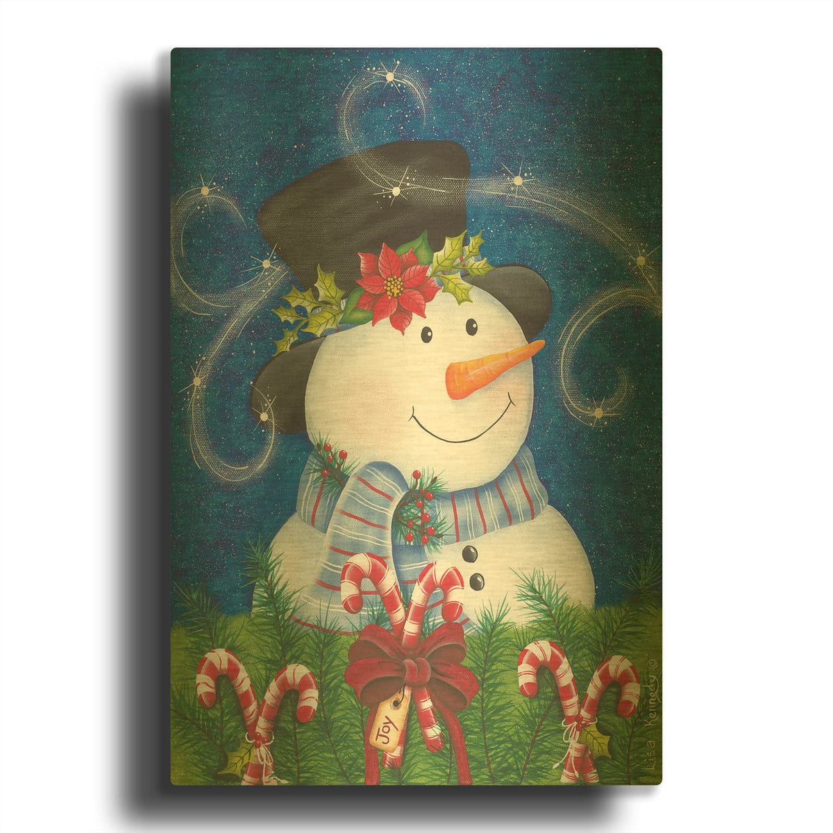 'Snowman & Candy Canes' By Lisa Kennedy Gold Metal Wall Art