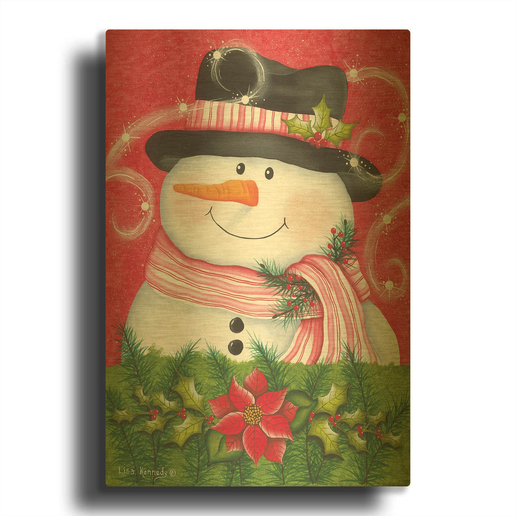 'Snowman & Poinsettia' By Lisa Kennedy Gold Metal Wall Art