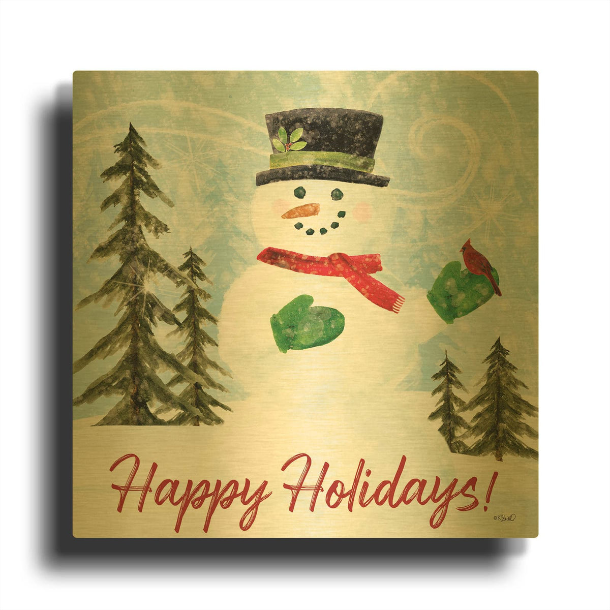 'Happy Holidays Snowman' By Kate Sherrill Gold Metal Wall Art