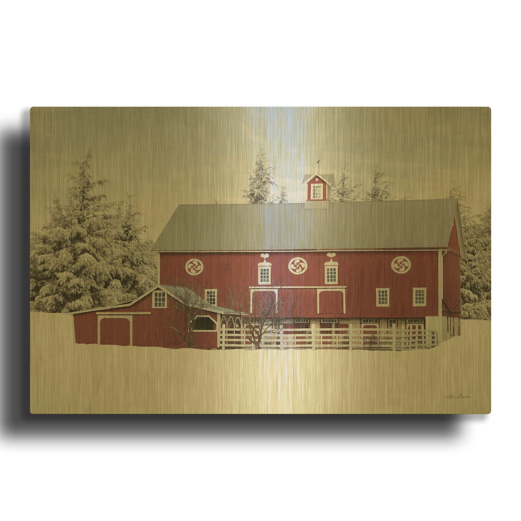 'Red Barn in the Pines' By Lori Deiter Gold Metal Wall Art