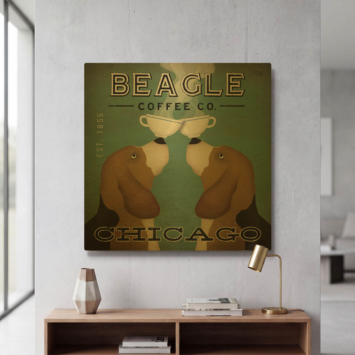'Beagle Coffee Co Chicago' By Ryan Fowler Gold Metal Wall Art