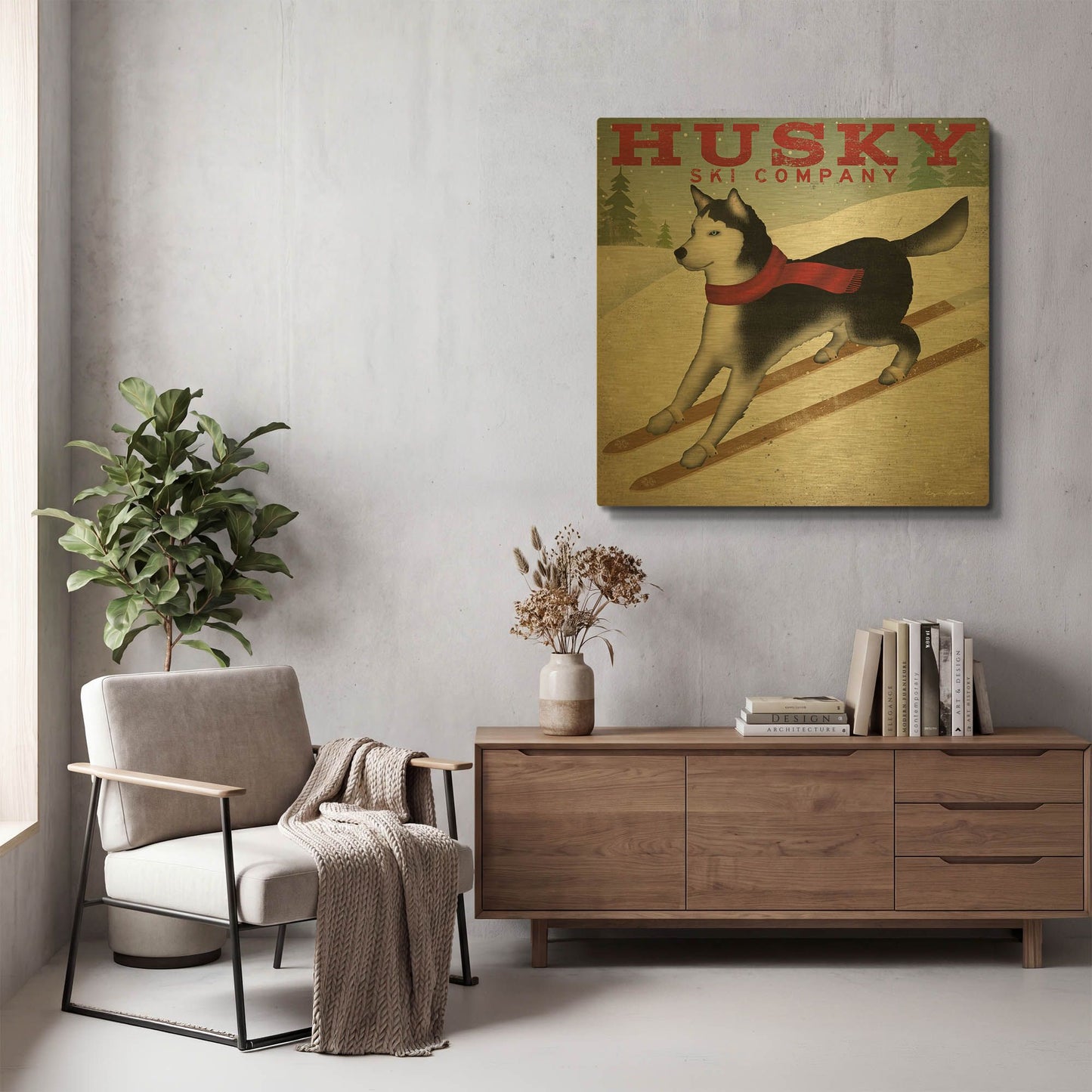 'Husky Ski Co' By Ryan Fowler Gold Metal Wall Art
