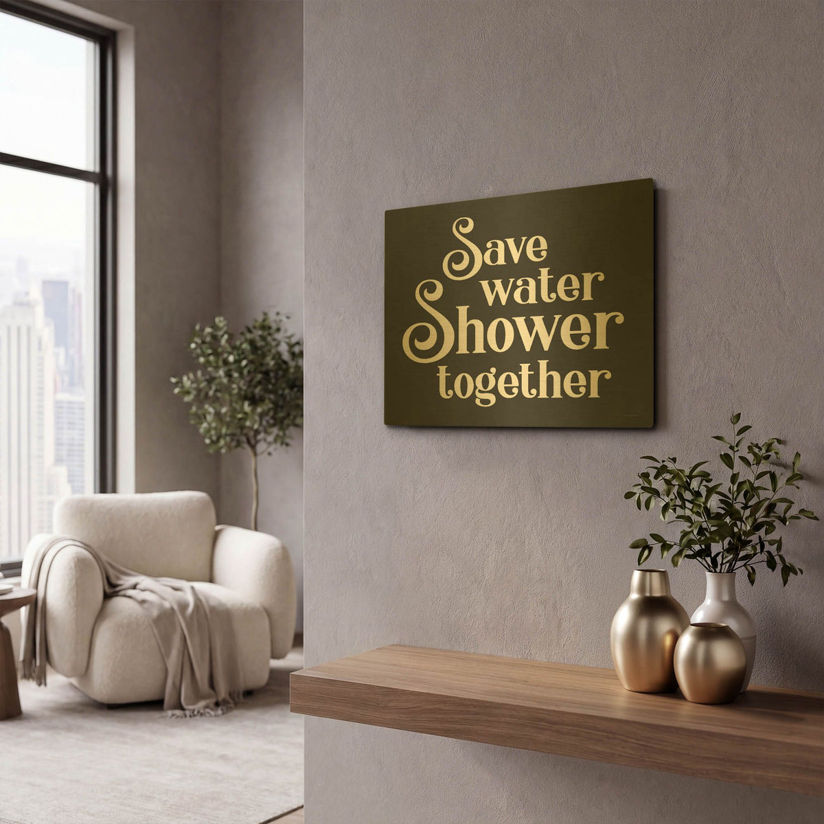 'Save Water, Shower Together' By Lettered Gold Metal Wall Art