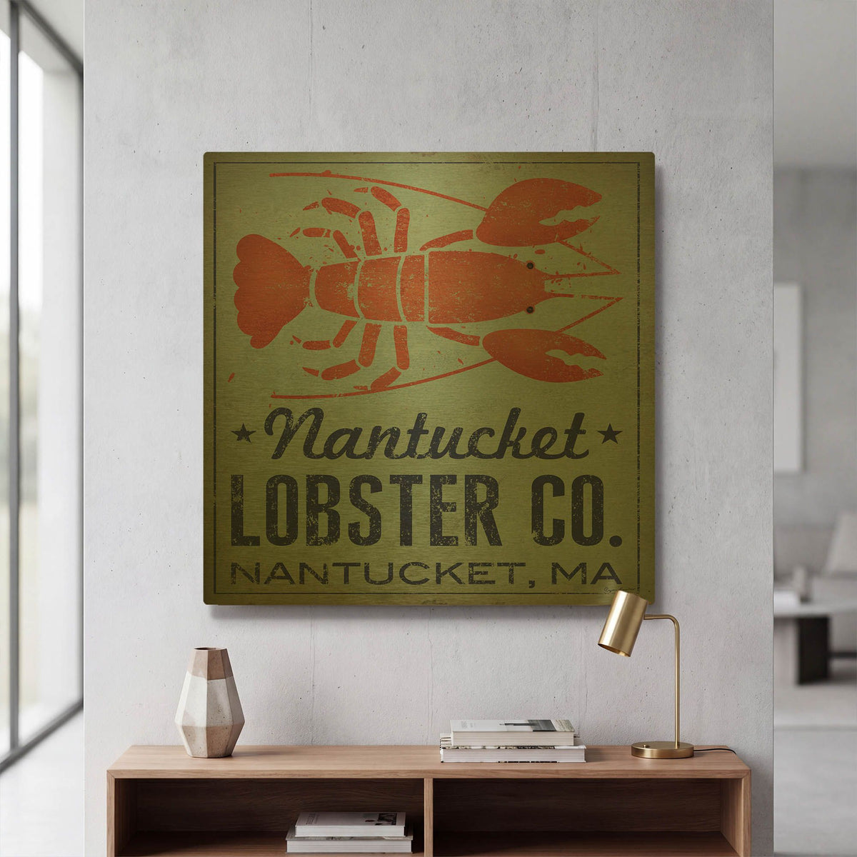 'Nantucket Lobster Square' By Ryan Fowler Gold Metal Wall Art