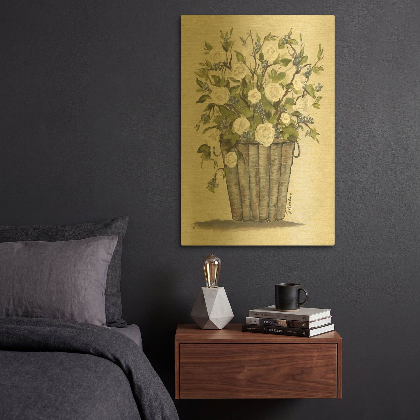 'Sweet Rose Basket' By Julie Norkus Gold Metal Wall Art