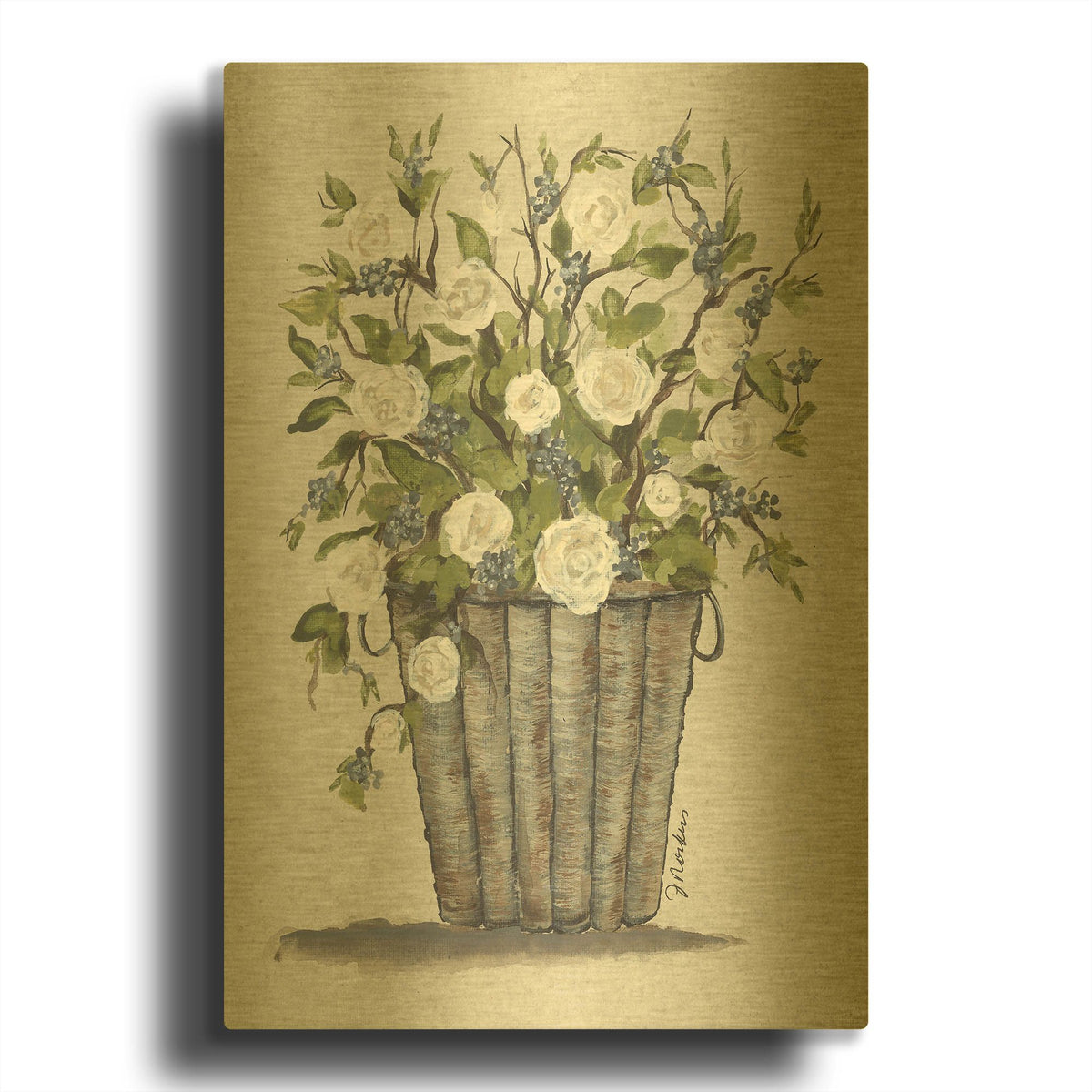 'Sweet Rose Basket' By Julie Norkus Gold Metal Wall Art
