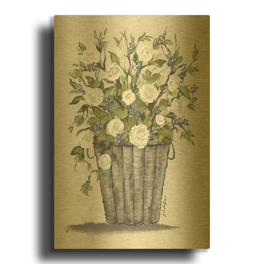 'Sweet Rose Basket' By Julie Norkus Gold Metal Wall Art