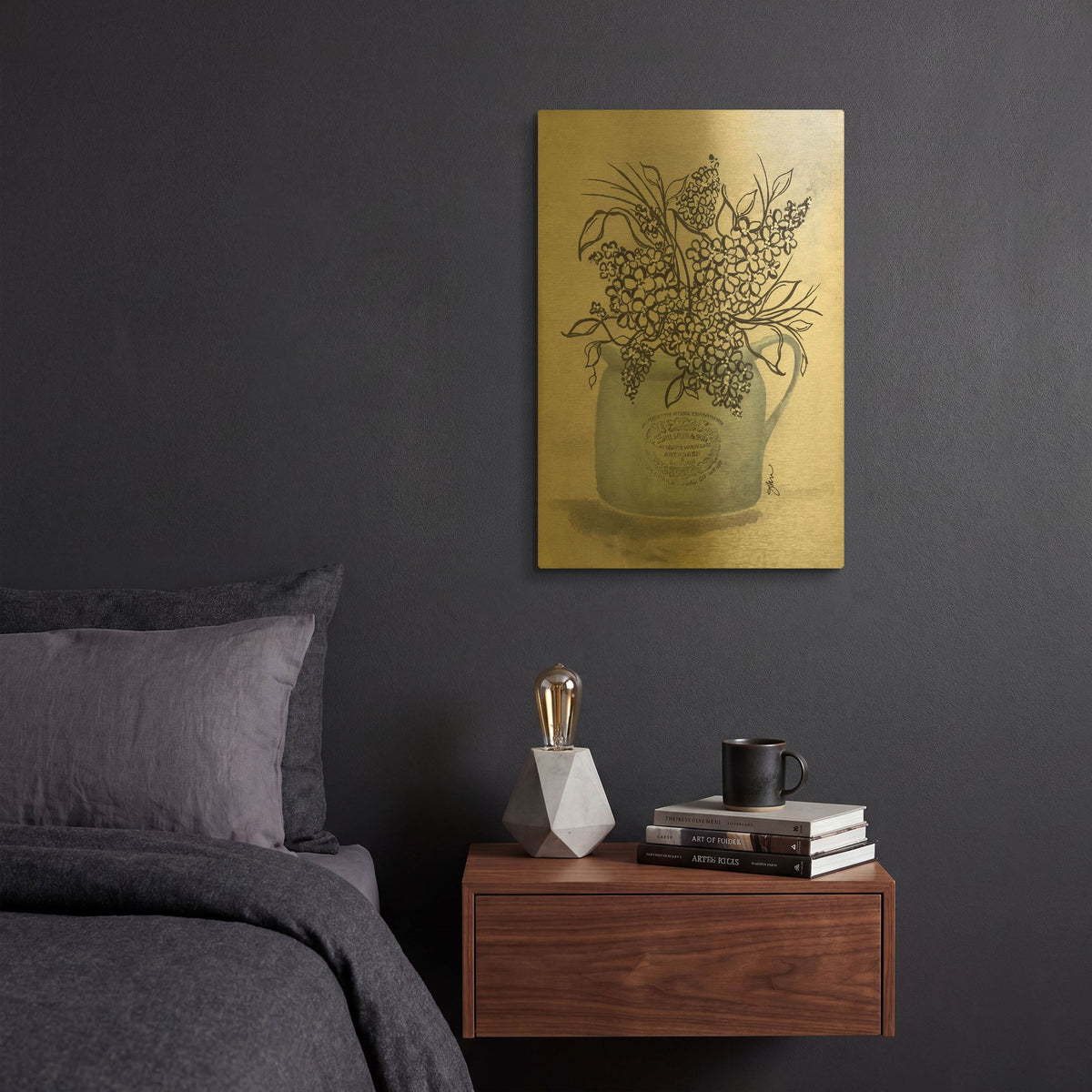 'Sketchy Floral Enamel Pot' By Julie Norkus Gold Metal Wall Art