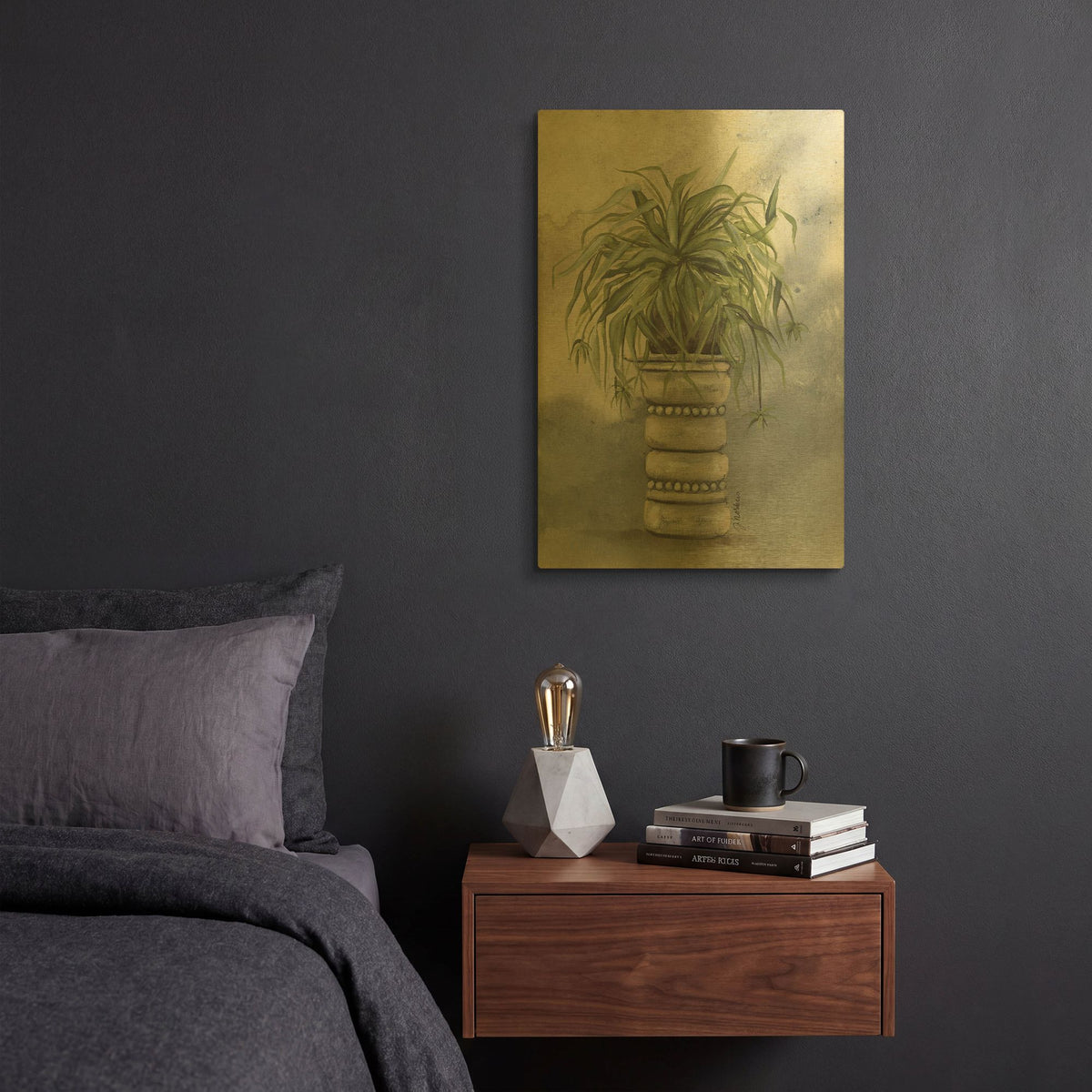 'Spider Plant in Pottery' By Julie Norkus Gold Metal Wall Art