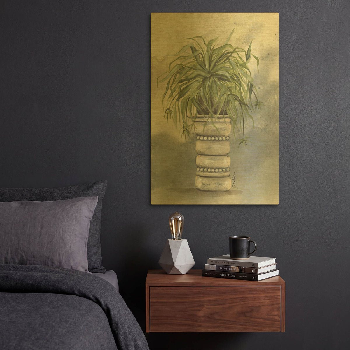 'Spider Plant in Pottery' By Julie Norkus Gold Metal Wall Art