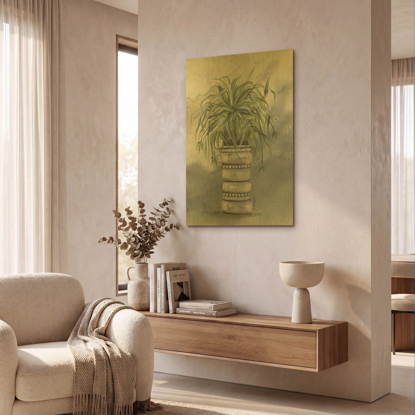 'Spider Plant in Pottery' By Julie Norkus Gold Metal Wall Art