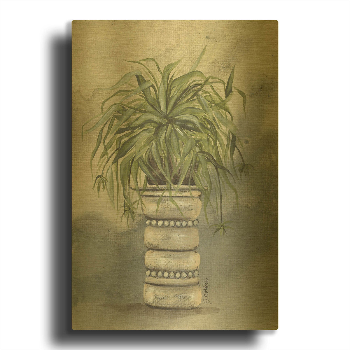 'Spider Plant in Pottery' By Julie Norkus Gold Metal Wall Art