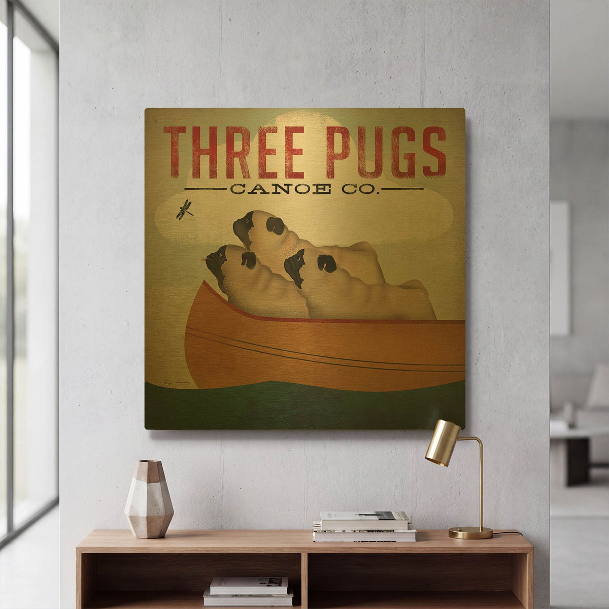 'Three Pugs in a Canoe V3' By Ryan Fowler Gold Metal Wall Art