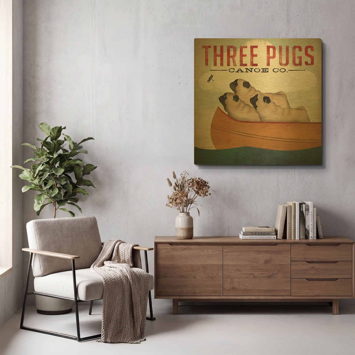 'Three Pugs in a Canoe V3' By Ryan Fowler Gold Metal Wall Art