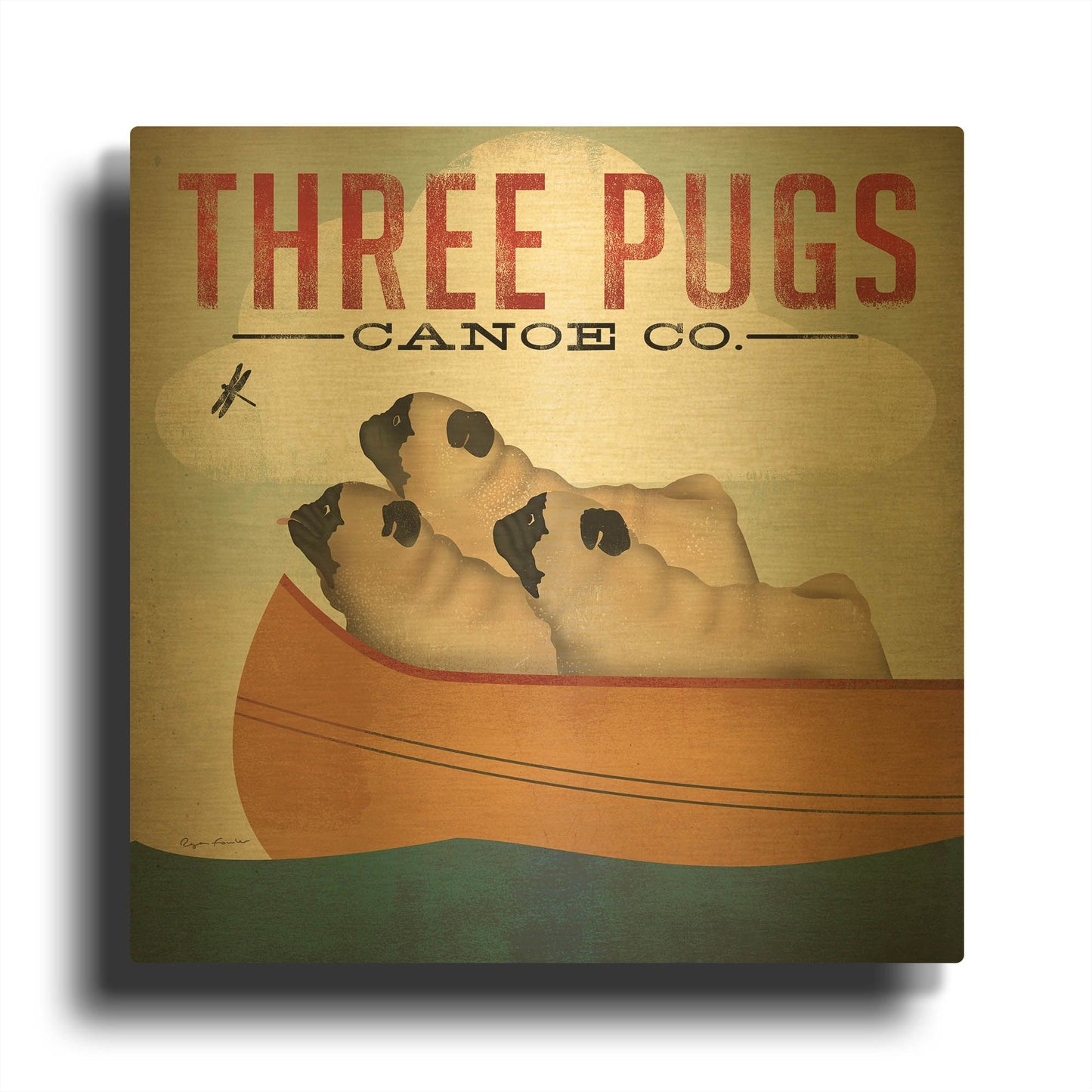 'Three Pugs in a Canoe V3' By Ryan Fowler Gold Metal Wall Art
