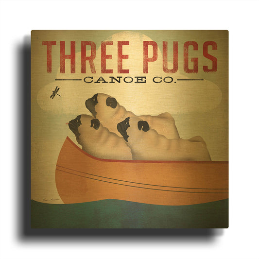 'Three Pugs in a Canoe V3' By Ryan Fowler Gold Metal Wall Art
