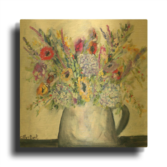 'Hydrangeas in Pitcher' By Roey Ebert Gold Metal Wall Art