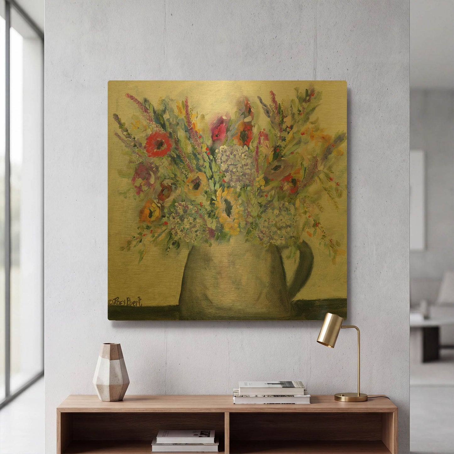 'Hydrangeas in Pitcher' By Roey Ebert Gold Metal Wall Art
