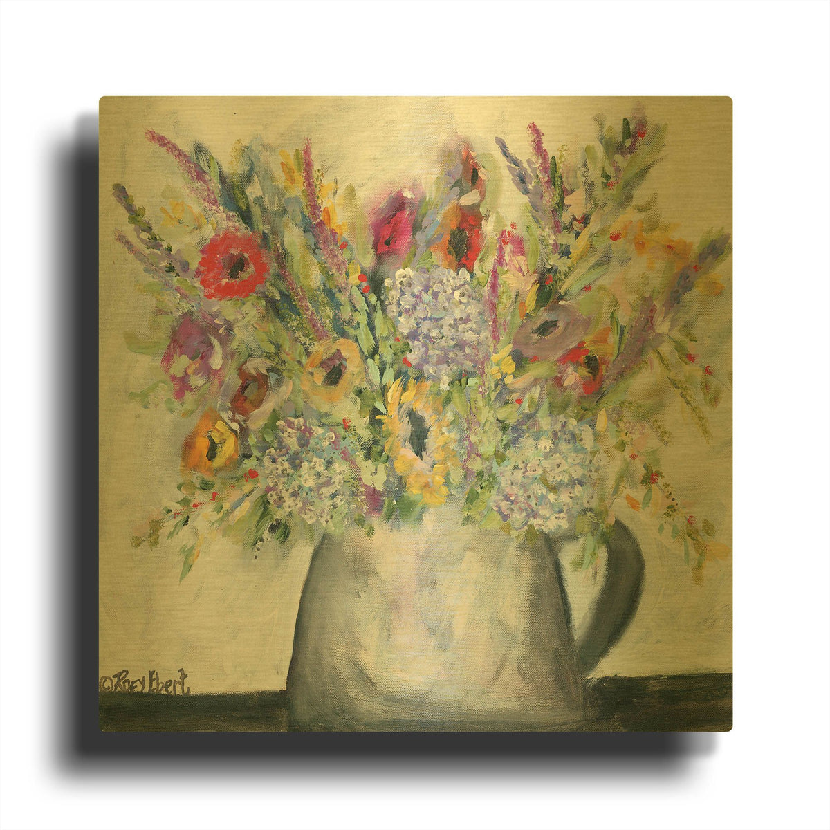 'Hydrangeas in Pitcher' By Roey Ebert Gold Metal Wall Art