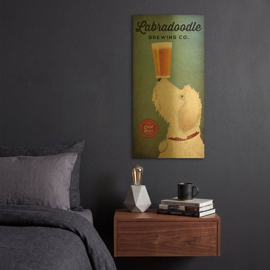 'Labradoodle Brewing' By Ryan Fowler Gold Metal Wall Art