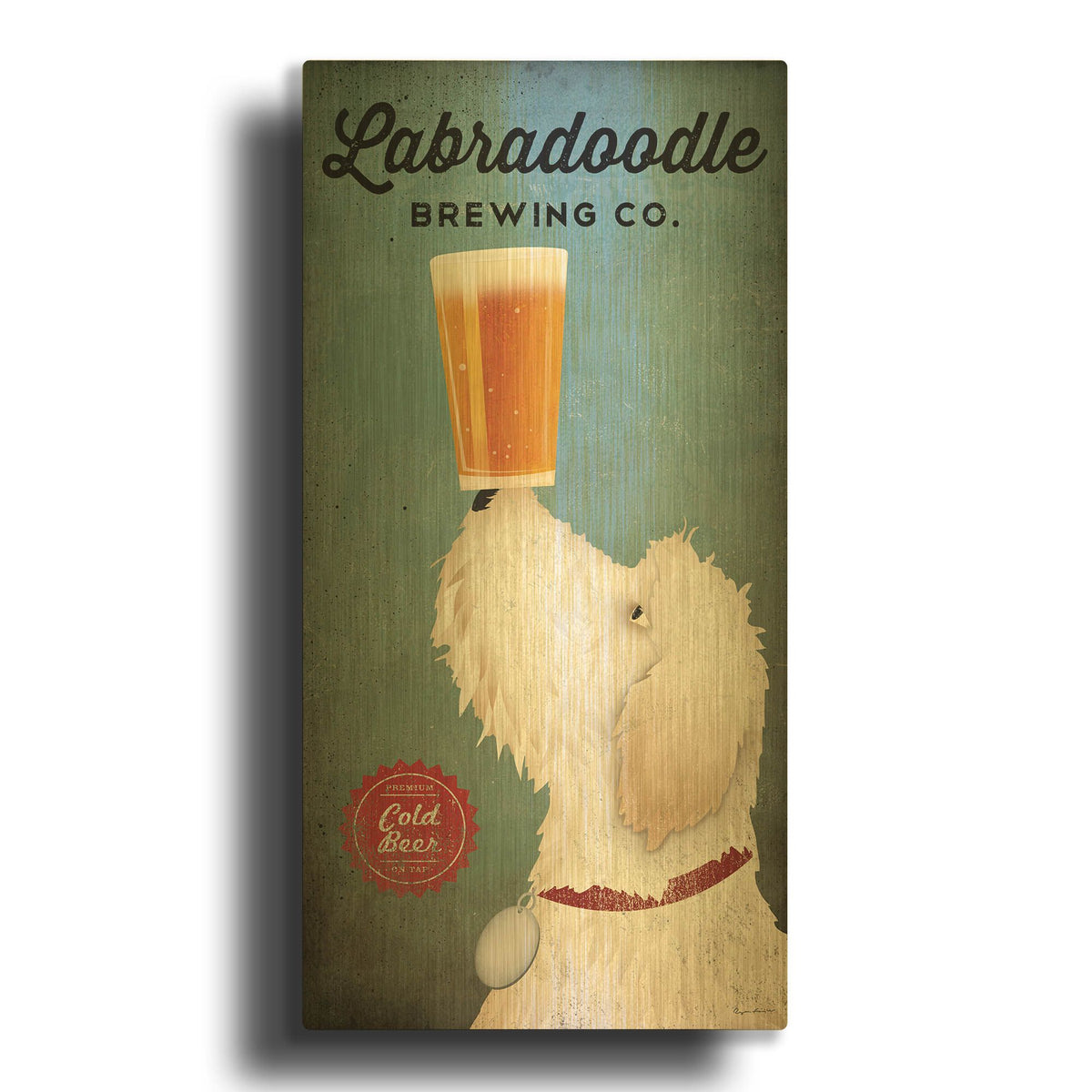 'Labradoodle Brewing' By Ryan Fowler Gold Metal Wall Art