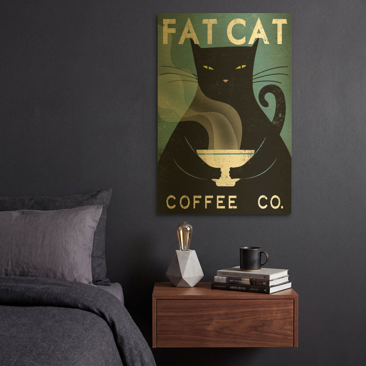 'Cat Coffee no City' By Ryan Fowler Gold Metal Wall Art