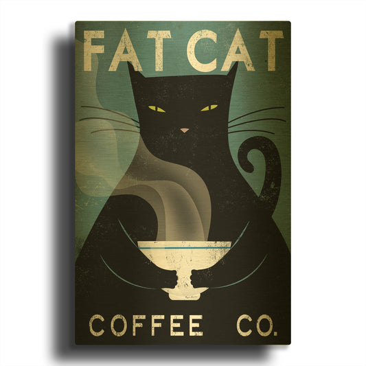 'Cat Coffee no City' By Ryan Fowler Gold Metal Wall Art
