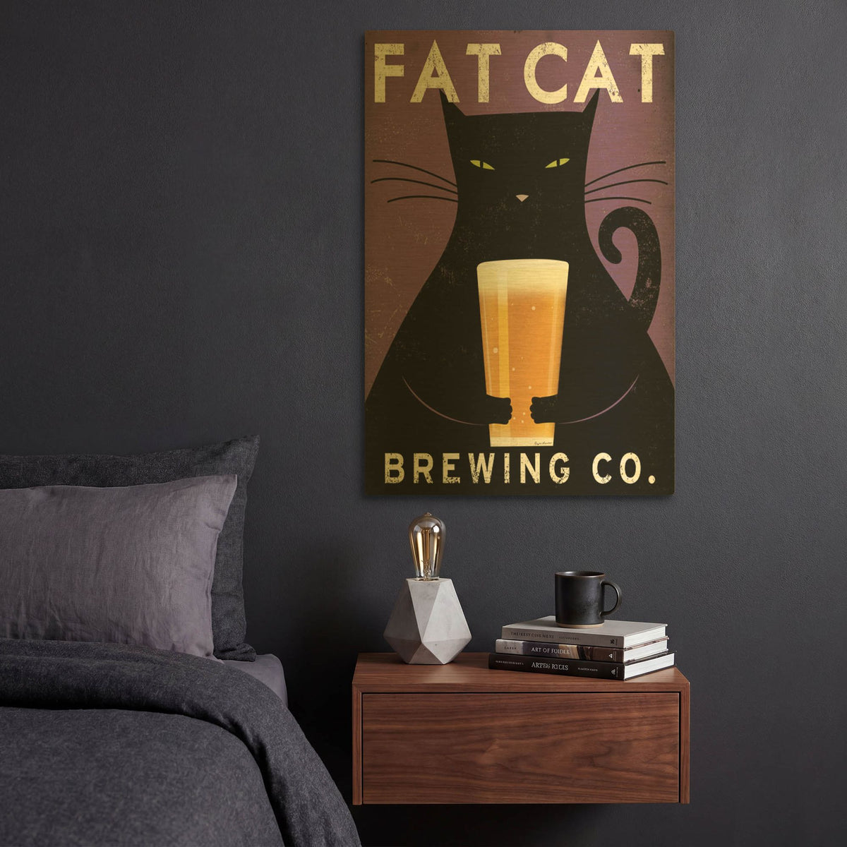 'Cat Brewing no City' By Ryan Fowler Gold Metal Wall Art