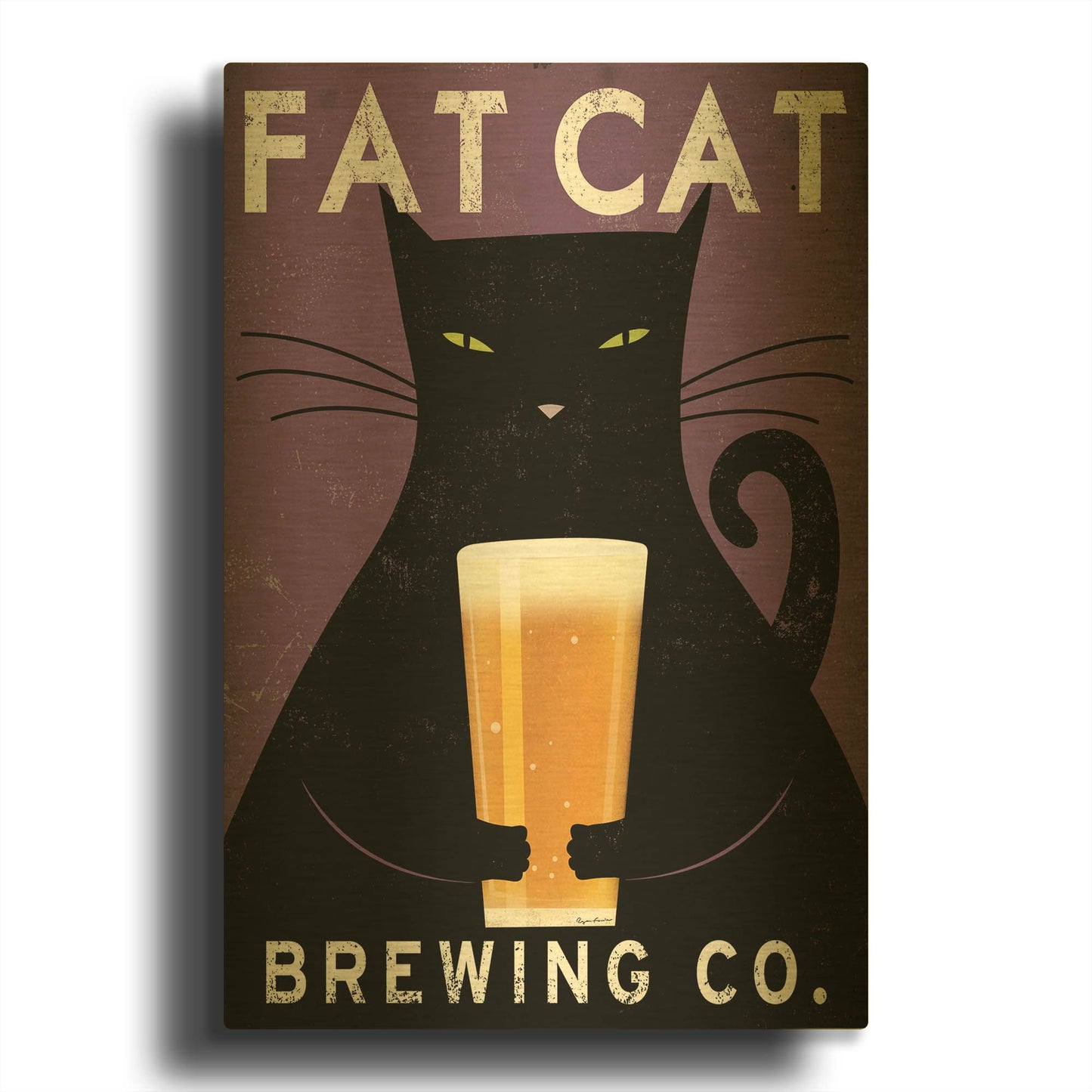 'Cat Brewing no City' By Ryan Fowler Gold Metal Wall Art