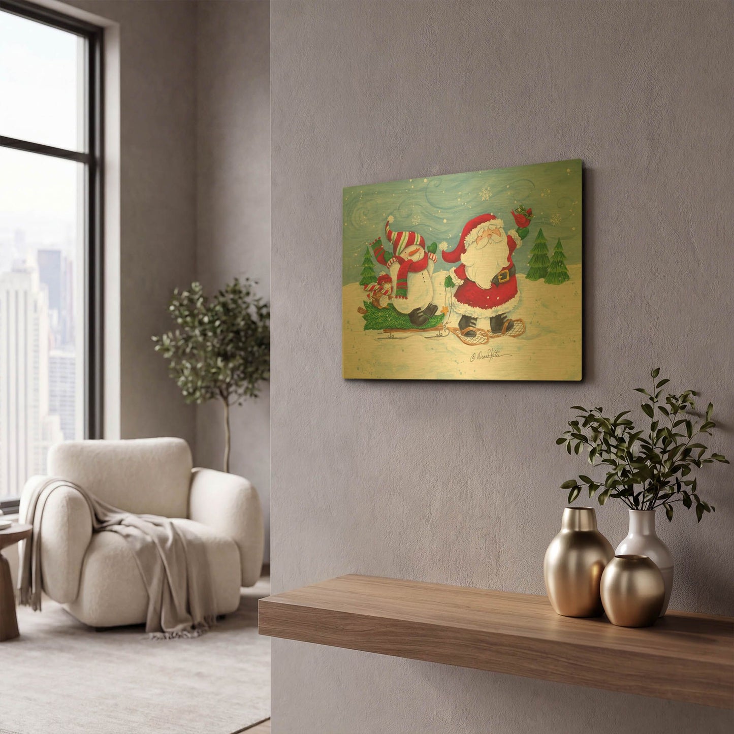 'Getting the Christmas Tree' By Diane Kater Gold Metal Wall Art