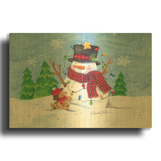 'Snowman and Christmas Lights' By Diane Kater Gold Metal Wall Art