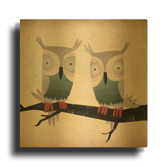 'Tan Owls Square' By Ryan Fowler Gold Metal Wall Art