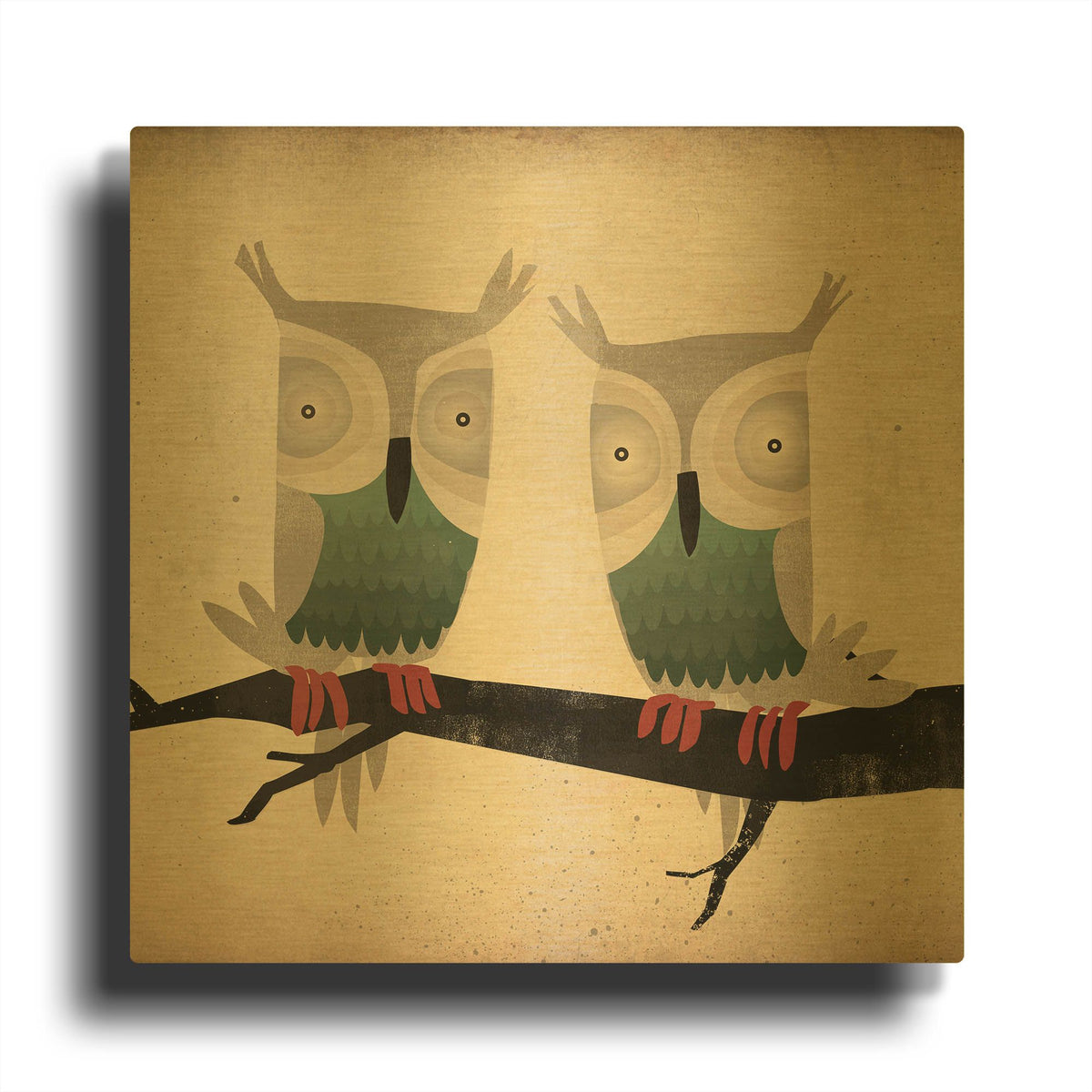'Tan Owls Square' By Ryan Fowler Gold Metal Wall Art