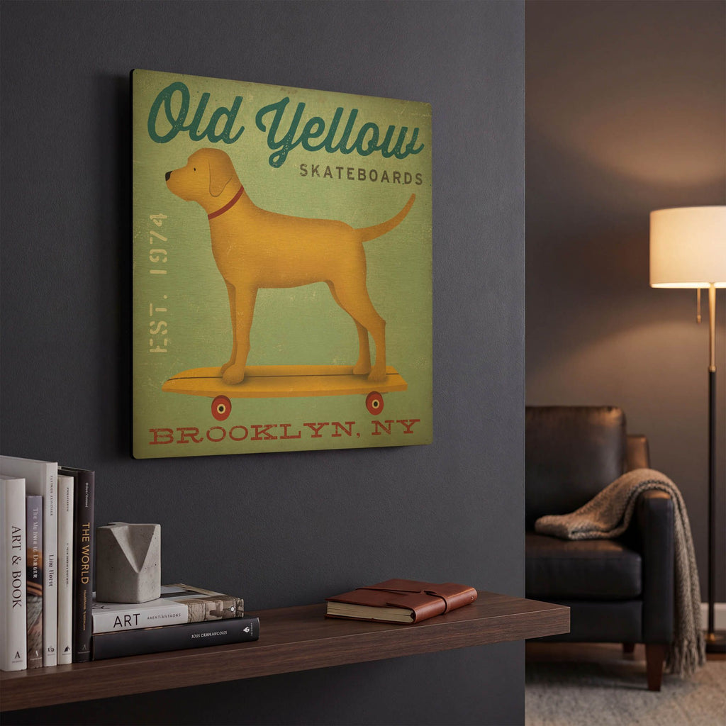 'Golden Dog on Skateboard' By Ryan Fowler Gold Metal Wall Art