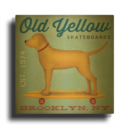 'Golden Dog on Skateboard' By Ryan Fowler Gold Metal Wall Art