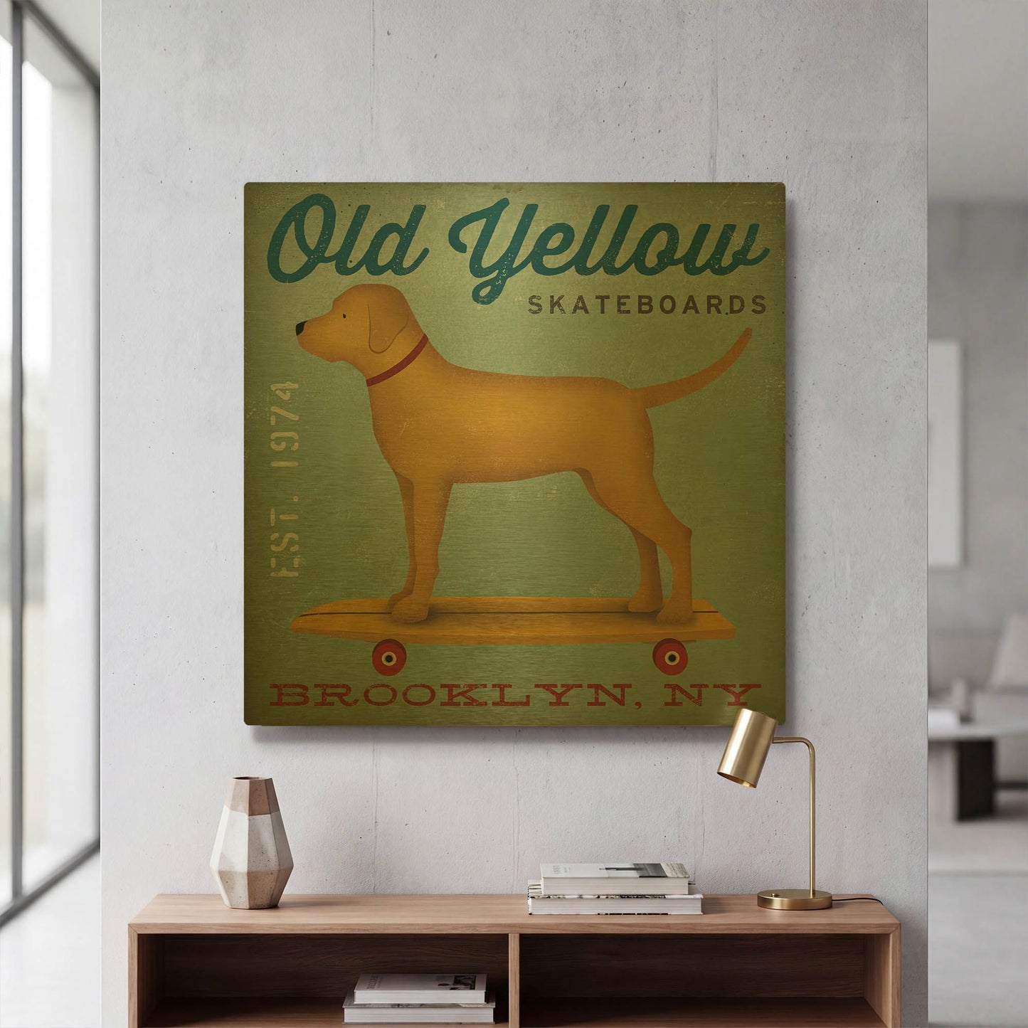 'Golden Dog on Skateboard' By Ryan Fowler Gold Metal Wall Art