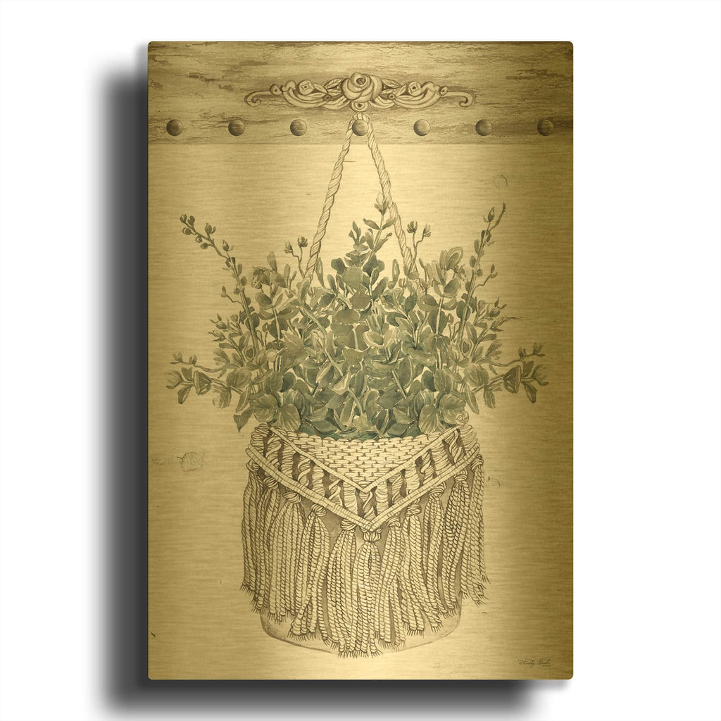 'Macrame Purse with Greenery I' By Cindy Jacobs Gold Metal Wall Art