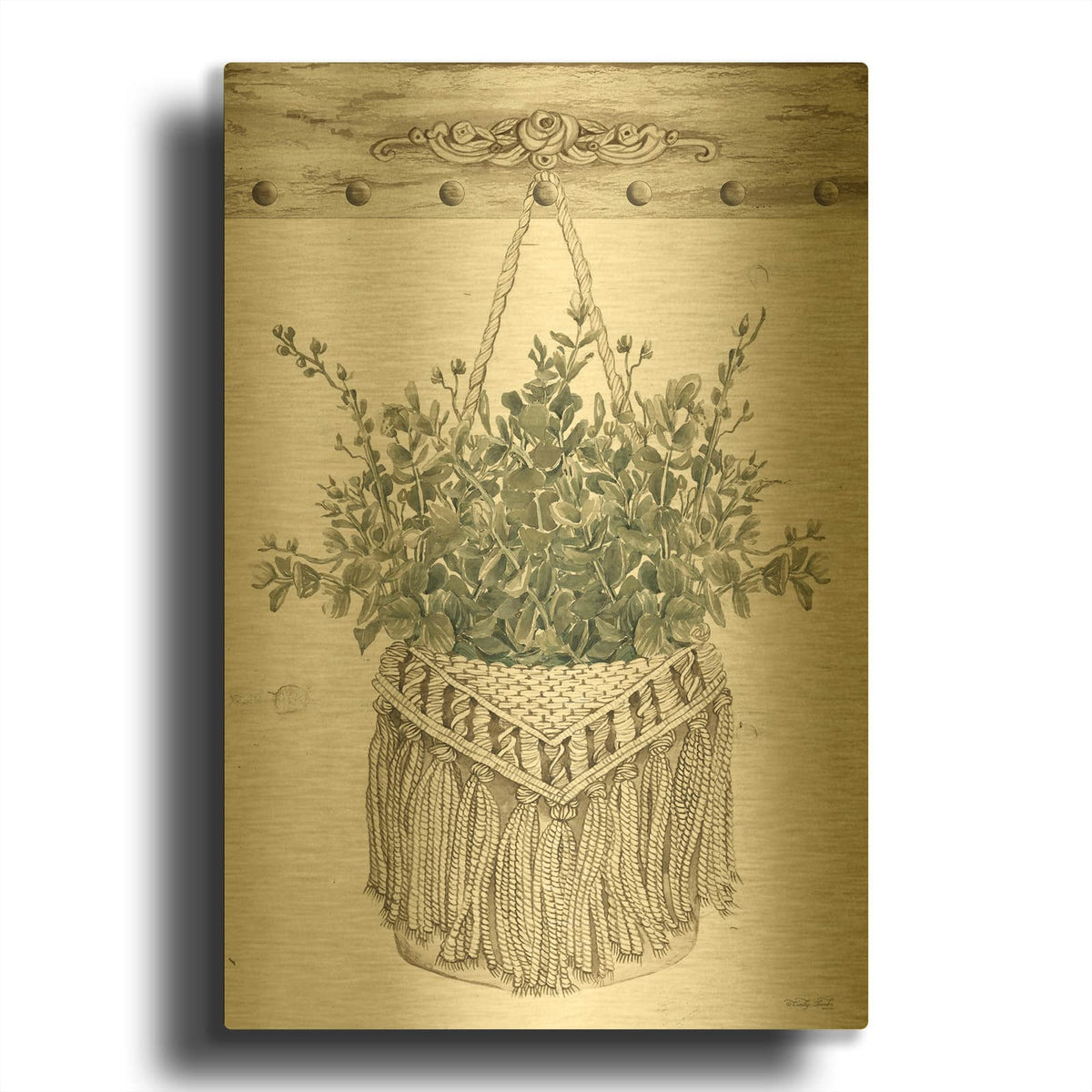 'Macrame Purse with Greenery I' By Cindy Jacobs Gold Metal Wall Art
