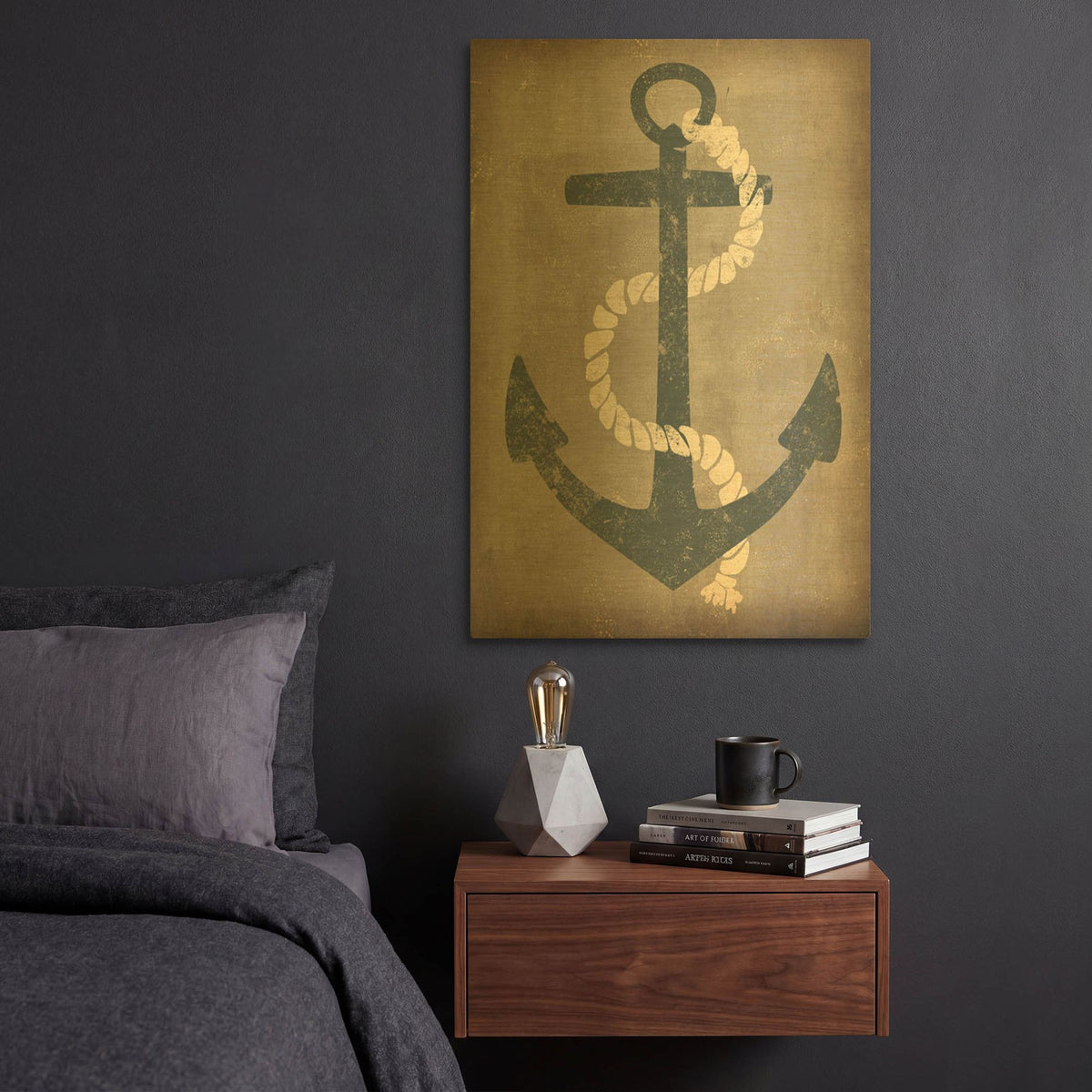 'Nautical Anchor Vertical Gray' By Ryan Fowler Gold Metal Wall Art