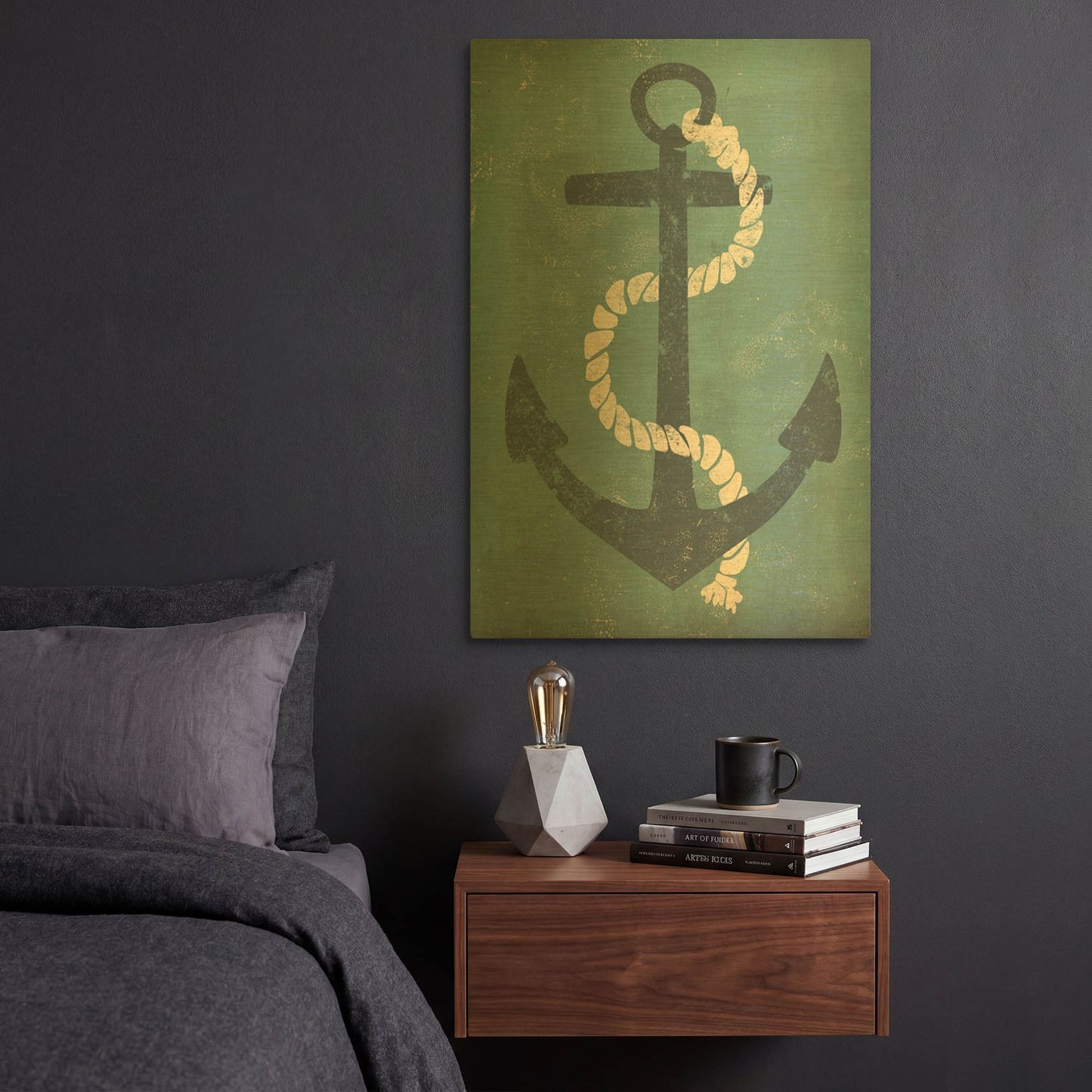 'Nautical Anchor Vertical Blue' By Ryan Fowler Gold Metal Wall Art