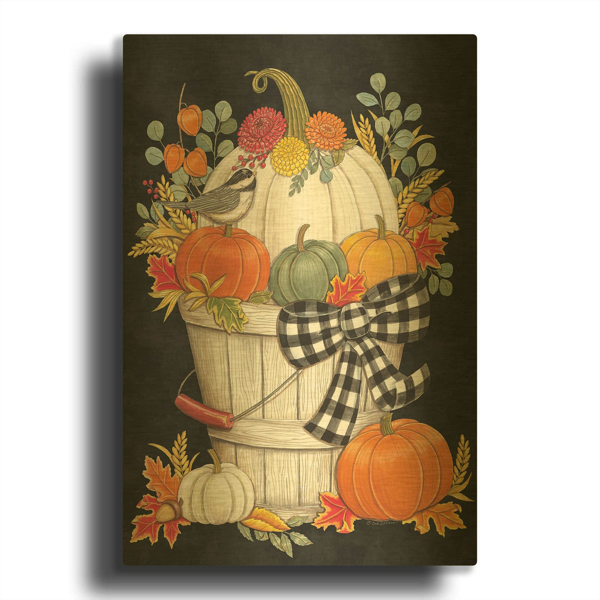 'Fall Bucket with Chickadee' By Deb Strain Gold Metal Wall Art