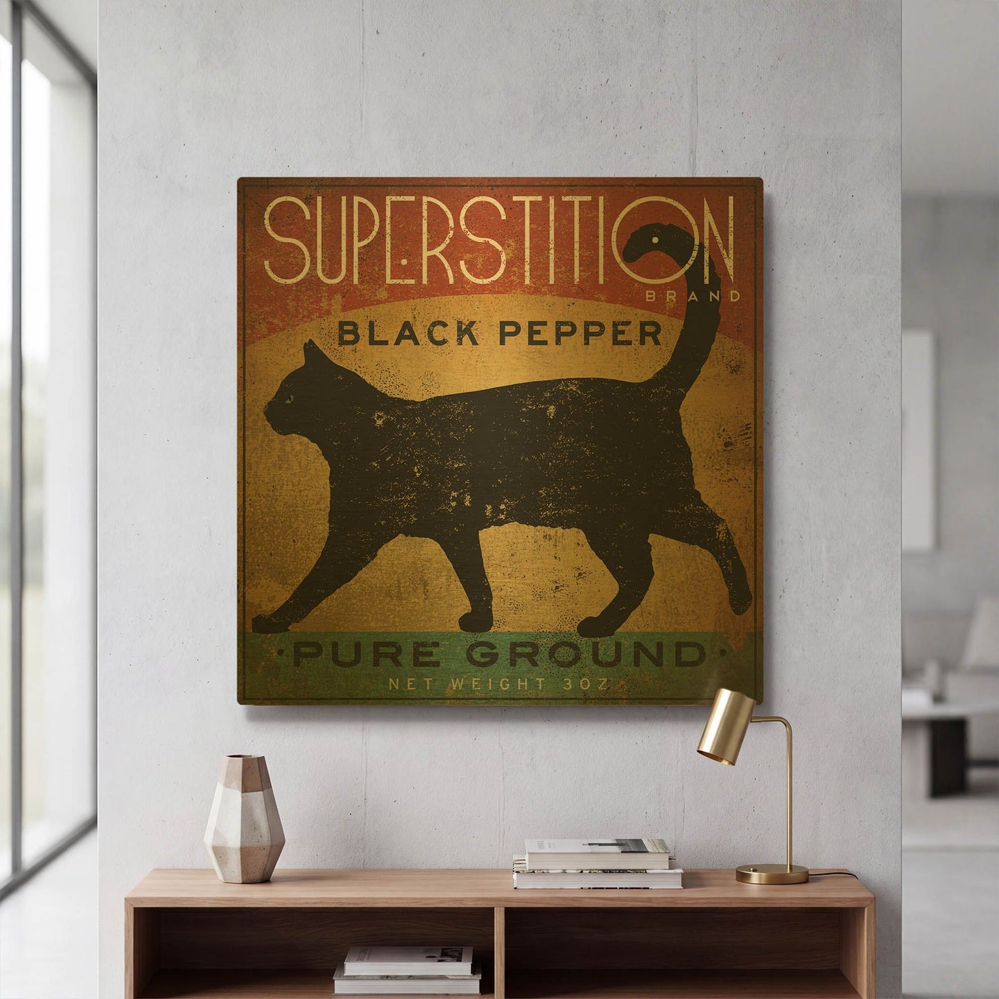 'Superstition Black Pepper Cat' By Ryan Fowler Gold Metal Wall Art