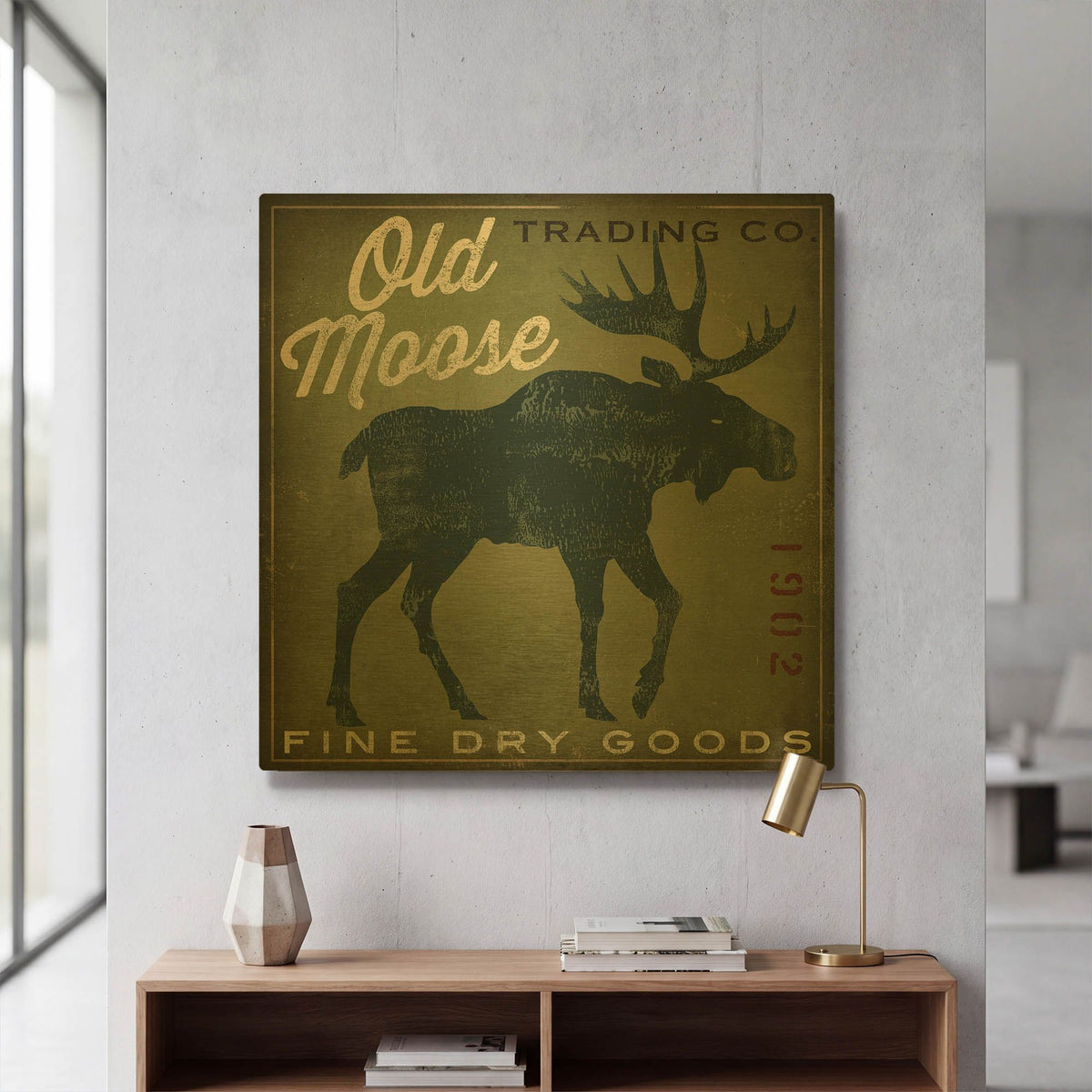 'Old Moose Trading Co. - green' By Ryan Fowler Gold Metal Wall Art