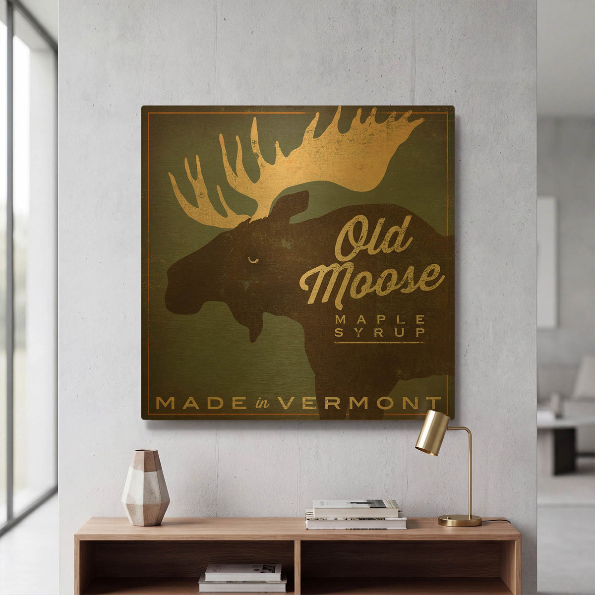 'Old Moose Maple Syrup Made in Vermont' By Ryan Fowler Gold Metal Wall Art