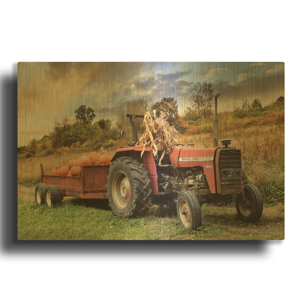'Pumpkin Harvest Tractor' By Lori Deiter Gold Metal Wall Art