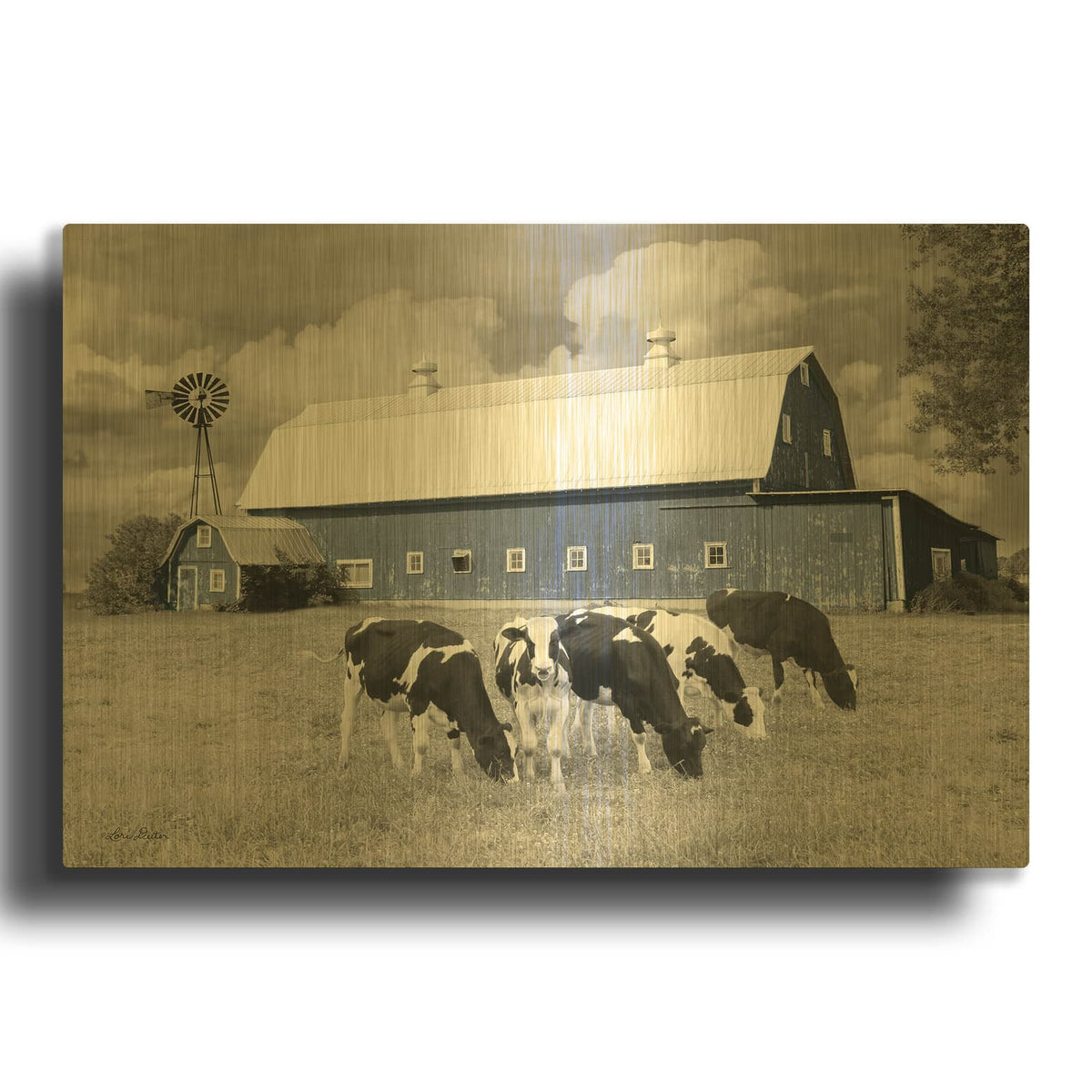 'Blue Barn with Cows' By Lori Deiter Gold Metal Wall Art