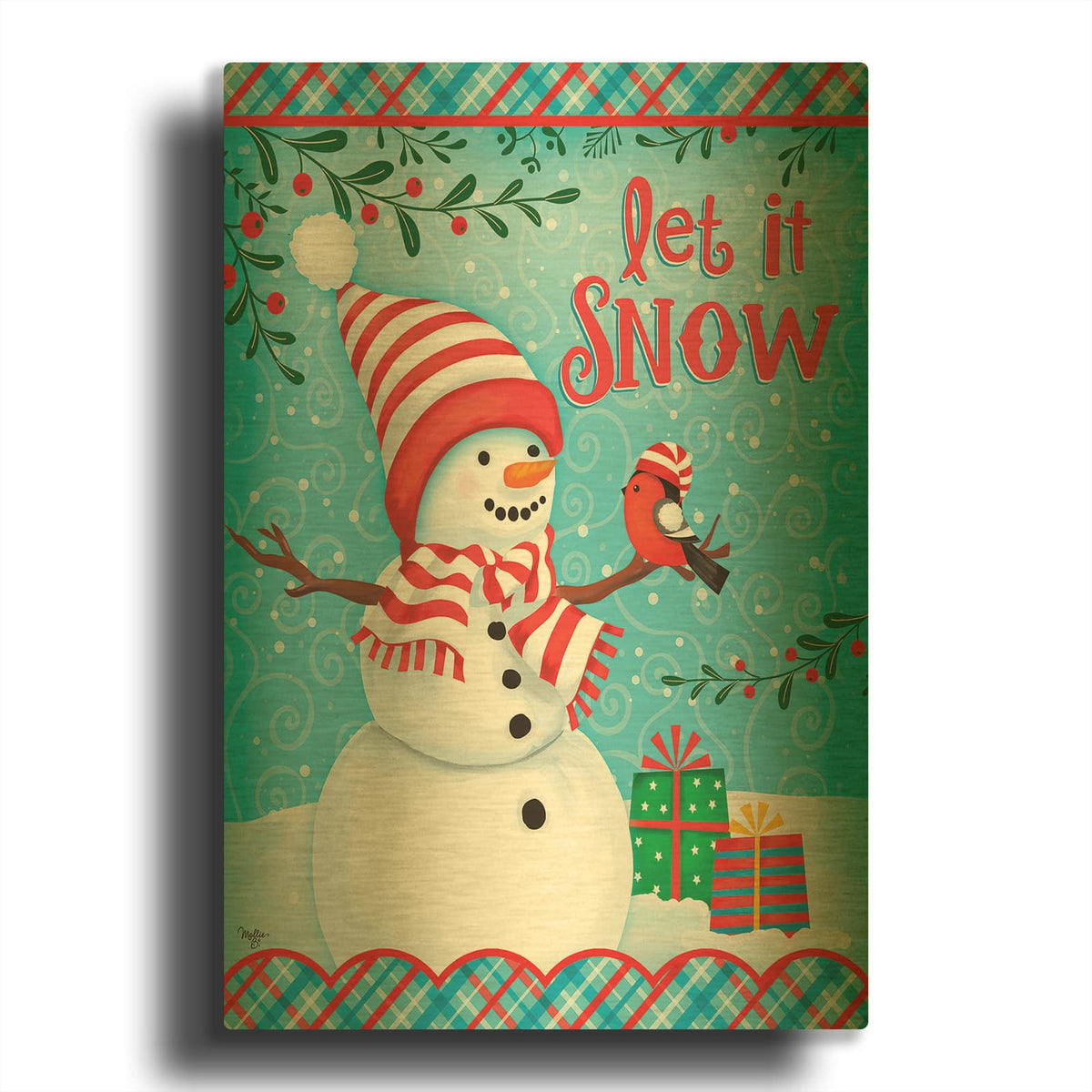 'Snowman and Bird' By Mollie B Art Gold Metal Wall Art