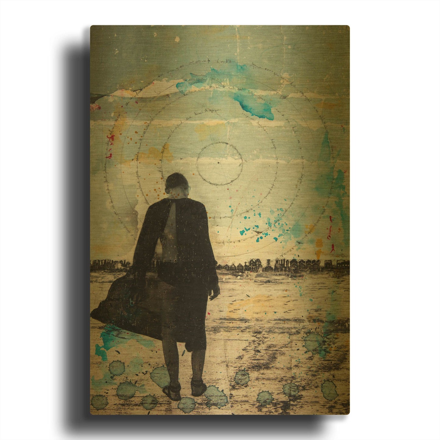 'Girl Wandering Landscape On Paper' By DB Waterman Gold Metal Wall Art